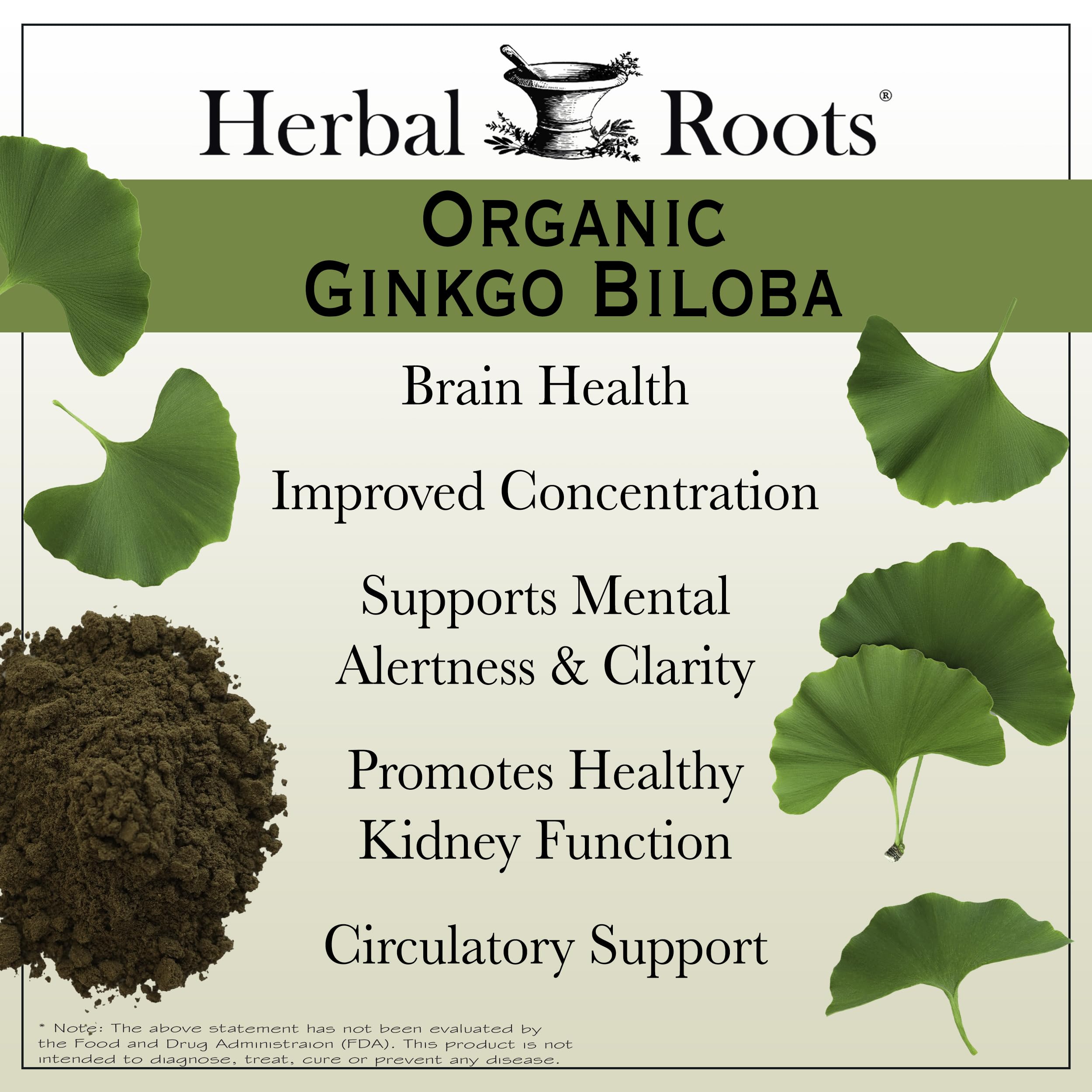 Herbal Roots Ginkgo Biloba supplement facts showing pure ingredients and 1400mg serving size.