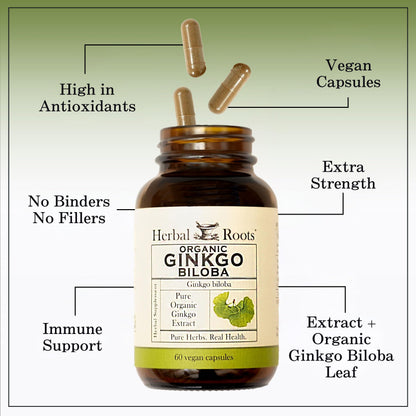Organic ginkgo leaf extract capsules by Herbal Roots for cognitive support and memory.