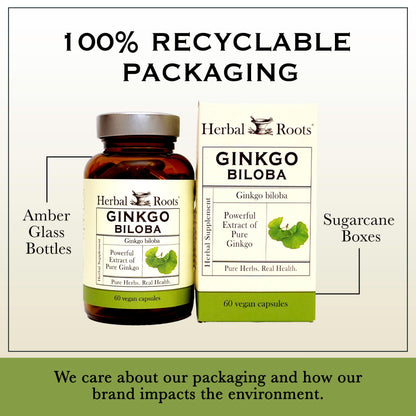 Authentic imported Herbal Roots Ginkgo Biloba vegan capsules for mental alertness.