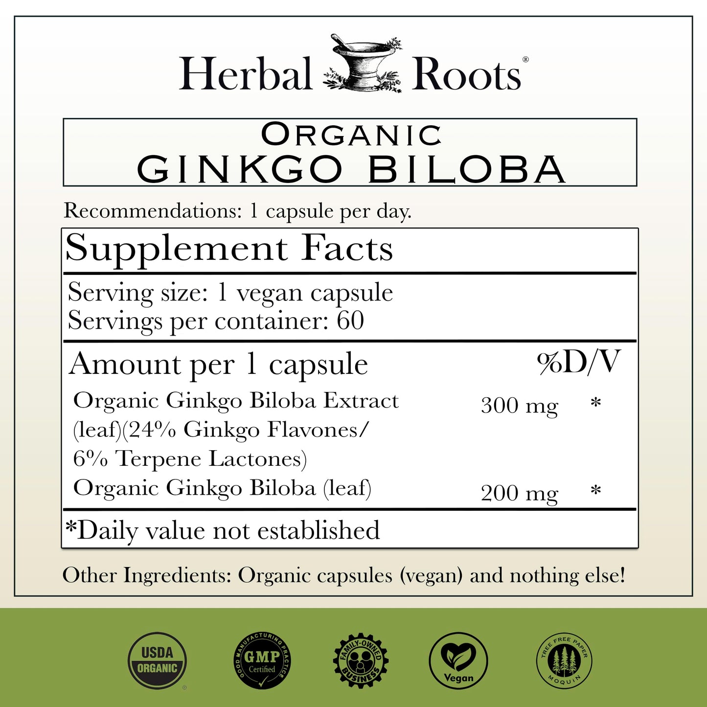 Premium herbal brain health supplement bottle with clean label details from USA.