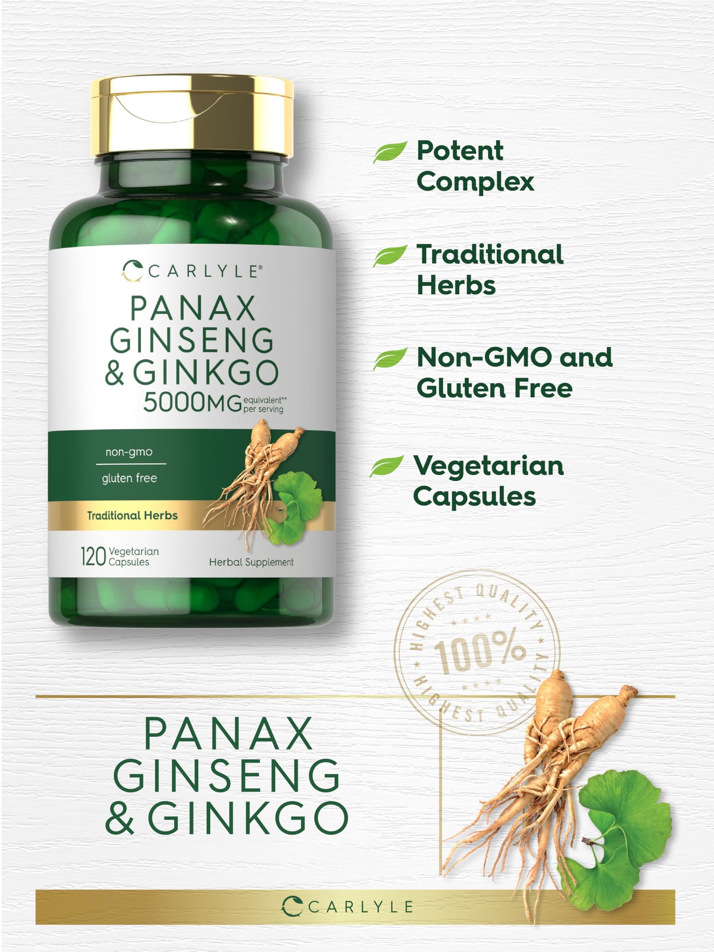 Supplement facts panel on the back of Carlyle Panax Ginseng 120 capsules bottle showing black pepper extract.