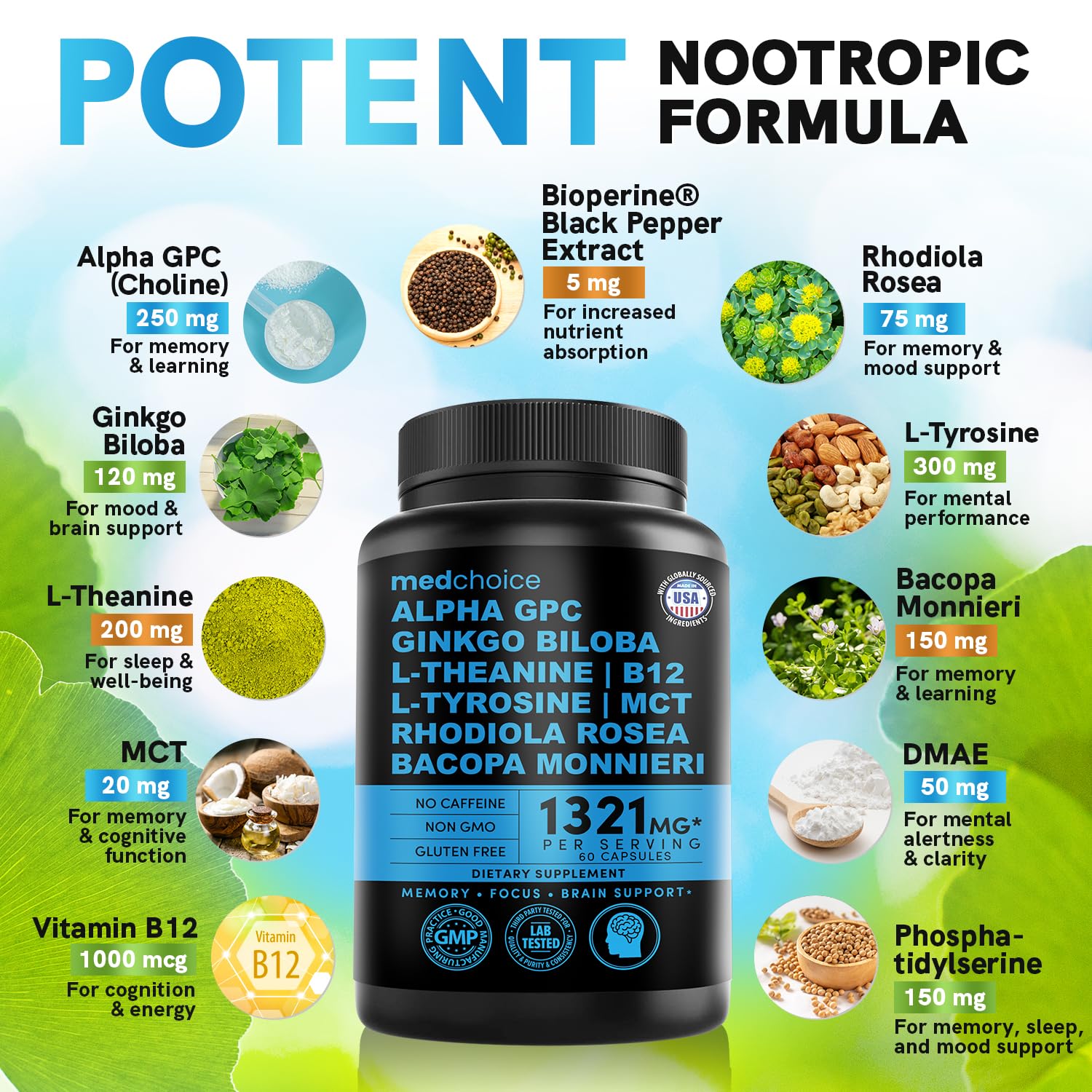 MedChoice cognitive enhancement veggie capsules label details showing 1321mg blend