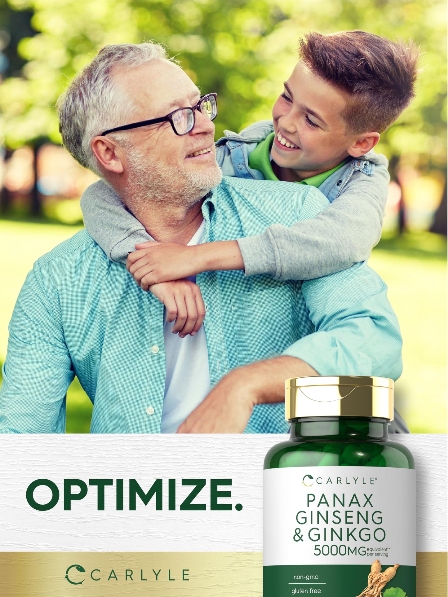Carlyle dual botanical energy and focus formula bottle shown in a bright healthy lifestyle setting.