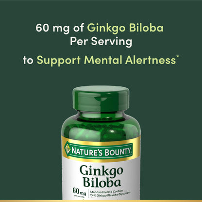 Imported Nature's Bounty Ginkgo Biloba herbal capsules packaging for mental alertness.