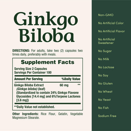 Nature's Bounty Ginkgo Biloba 200 count bottle label detailing memory support benefits.