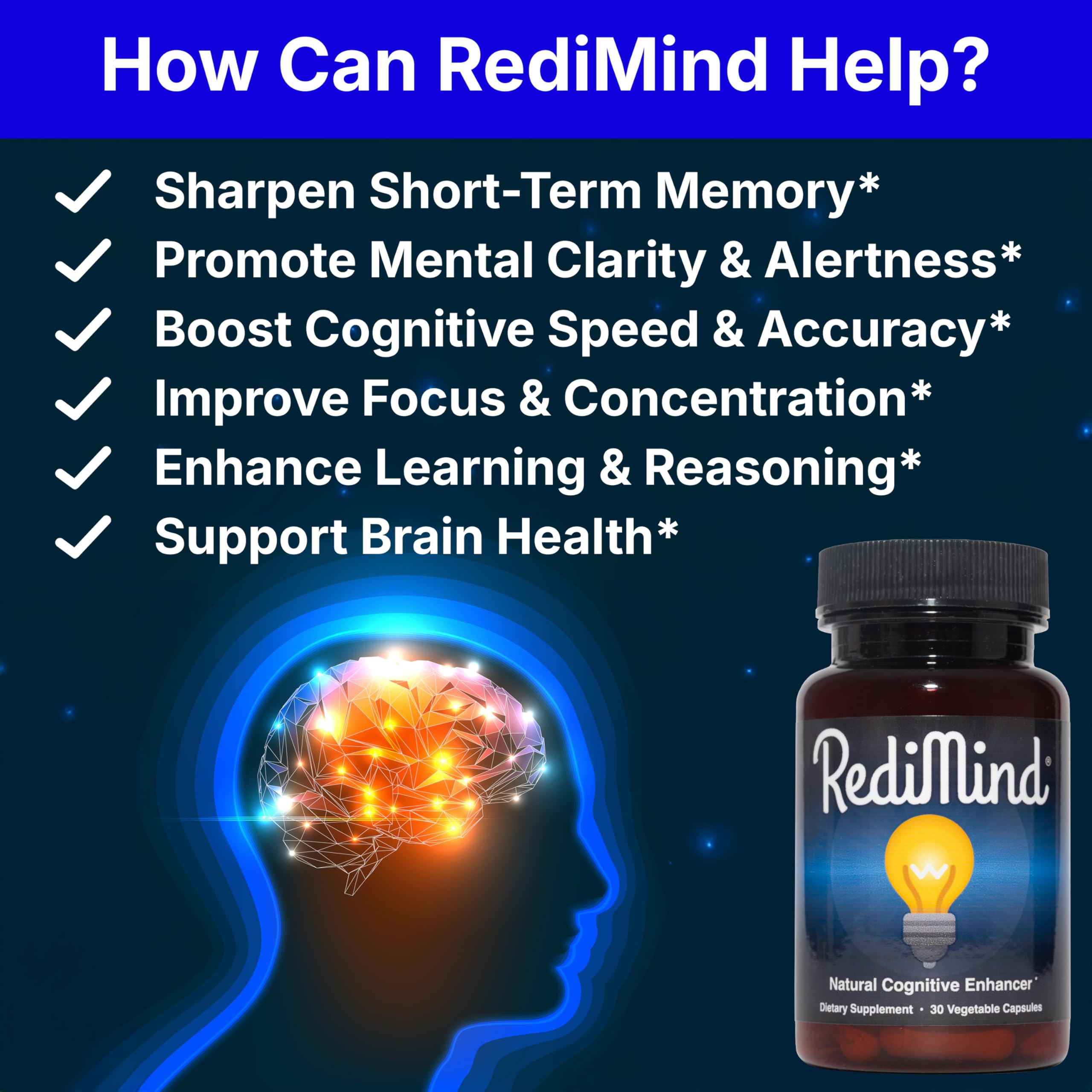 RediMind brain booster supplement bottle showing clinical study details
