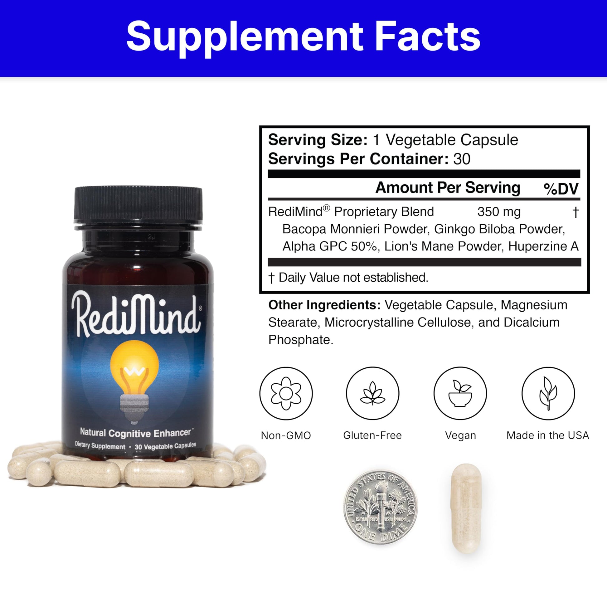 RediMind 30 vegetarian capsules dietary supplement showing gluten-free seal