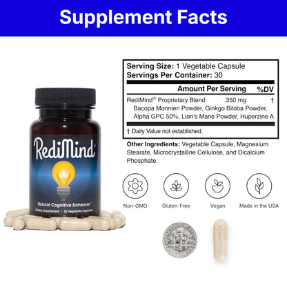 RediMind 30 vegetarian capsules dietary supplement showing gluten-free seal