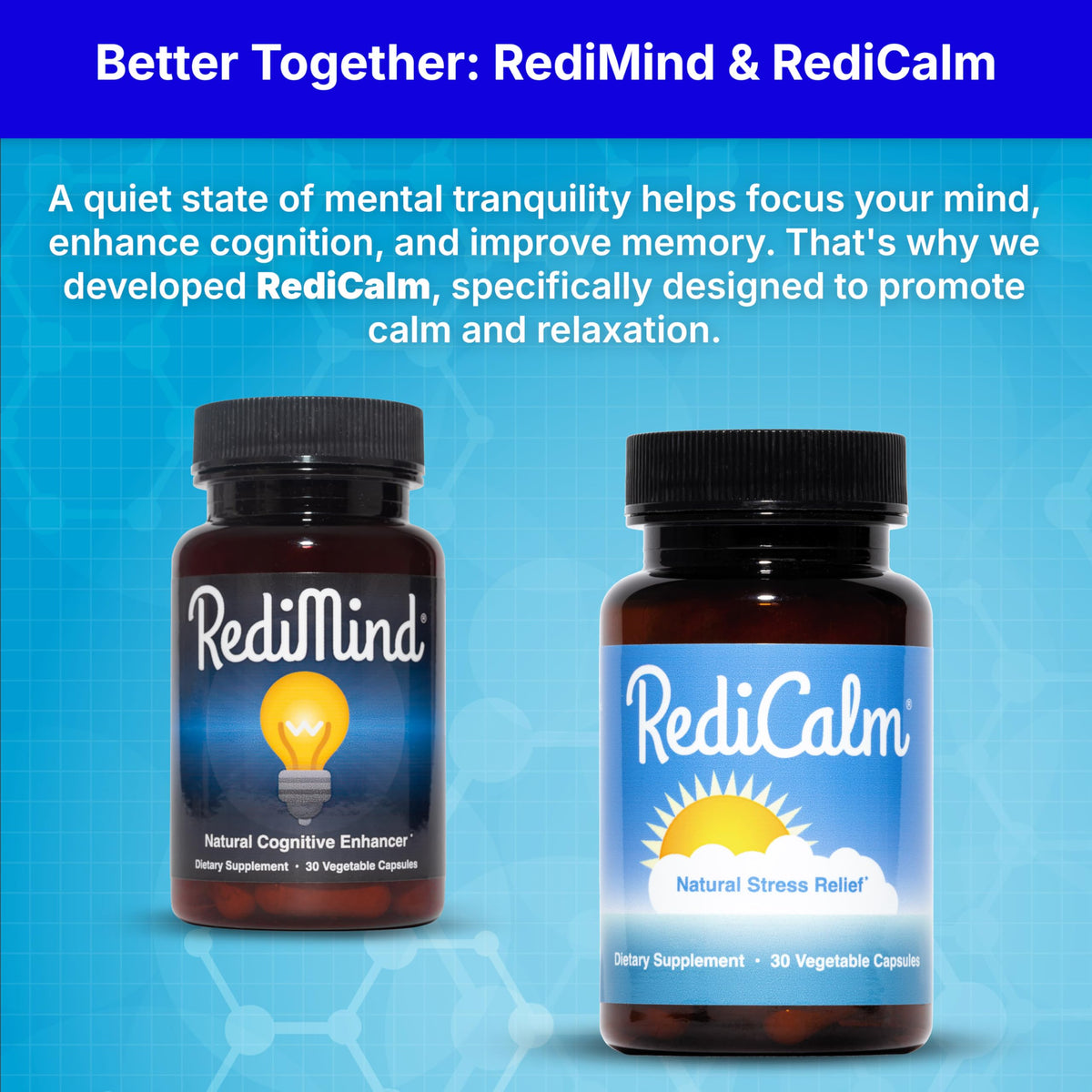 RediMind cognitive enhancement capsule bottle demonstrating premium USA packaging layout