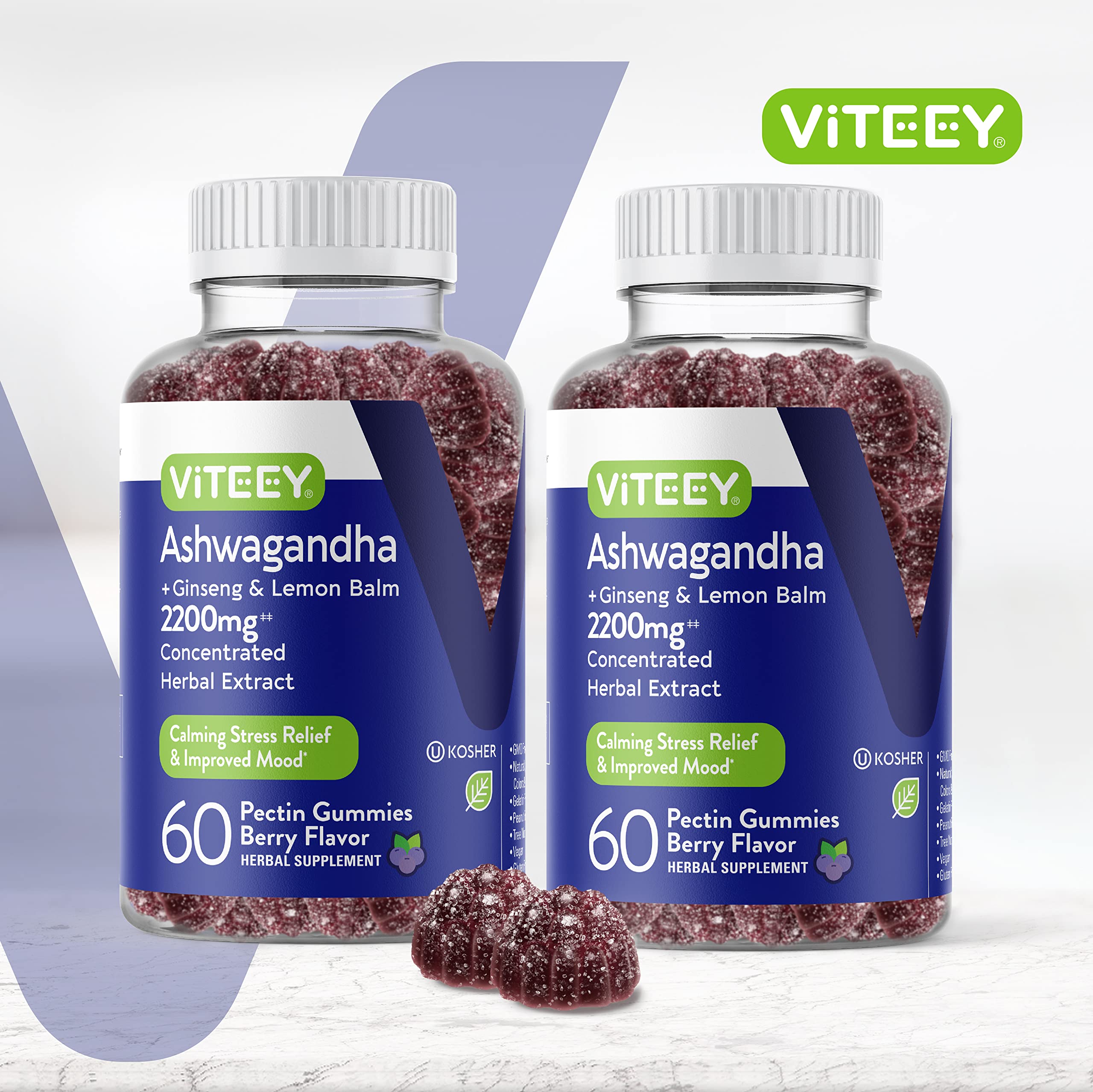 Close up of Viteey Ashwagandha Gummy supplement bottle