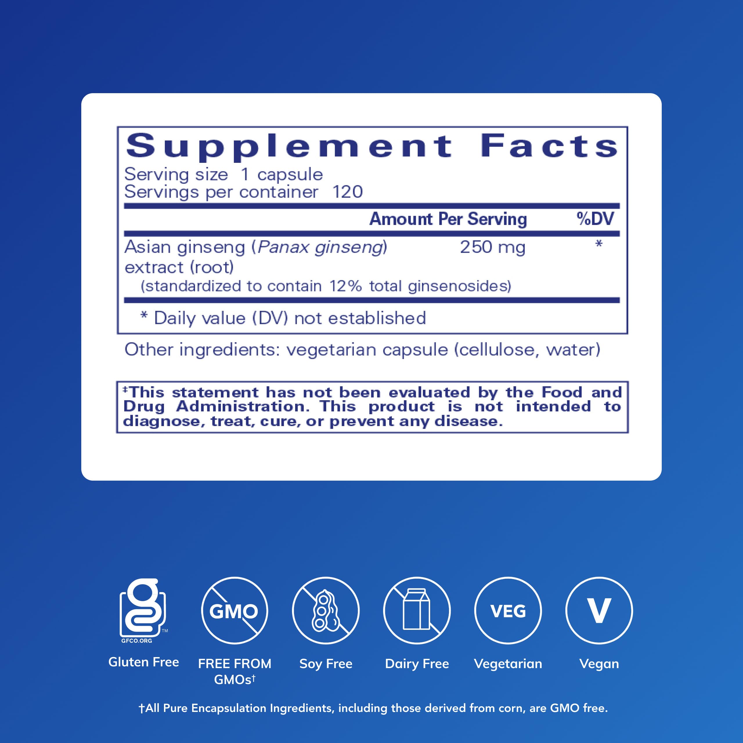 Pure Encapsulations Panax Ginseng 120 capsules label details