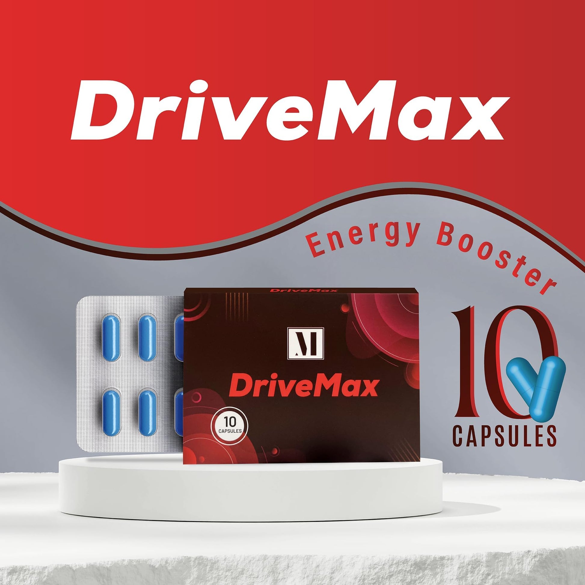 Close up of DriveMax Sports Nutrition 10 capsules branding