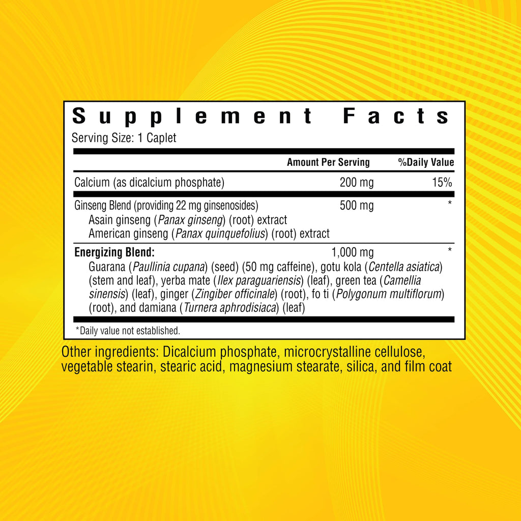 Windmill Hi-EnerG 500mg ginseng supplement nutrition facts label