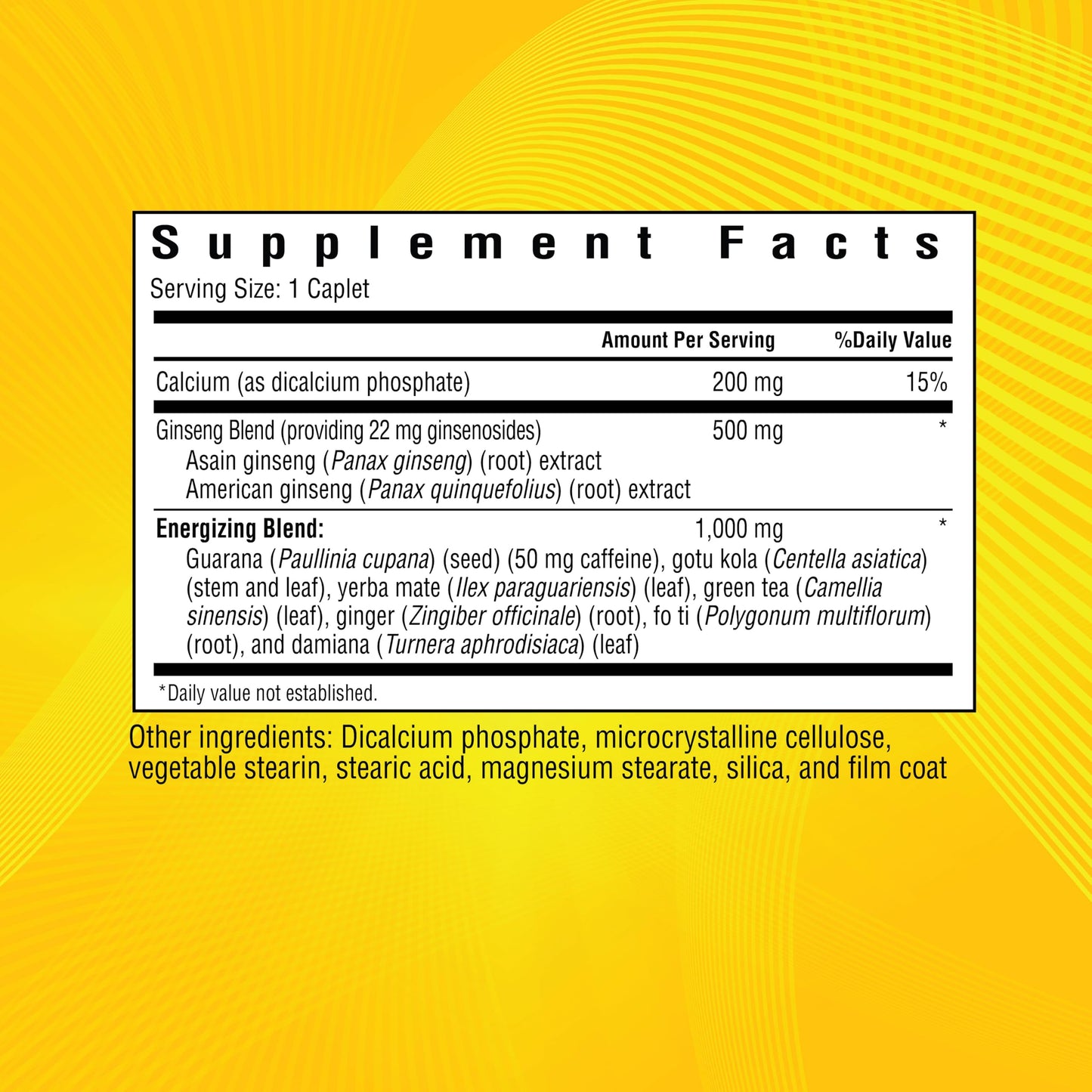 Windmill Hi-EnerG 500mg ginseng supplement nutrition facts label