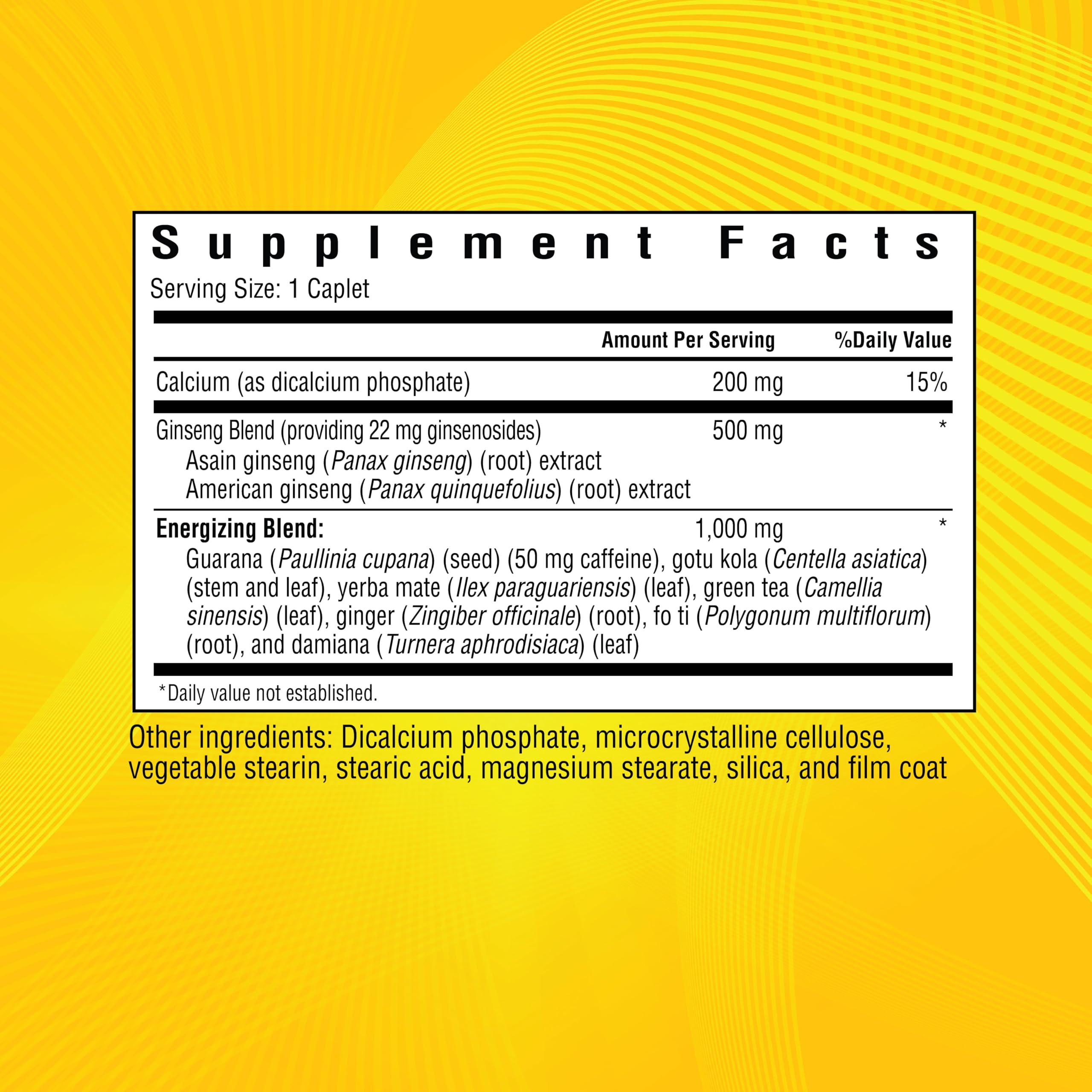 Windmill Hi-EnerG 500mg ginseng supplement nutrition facts label