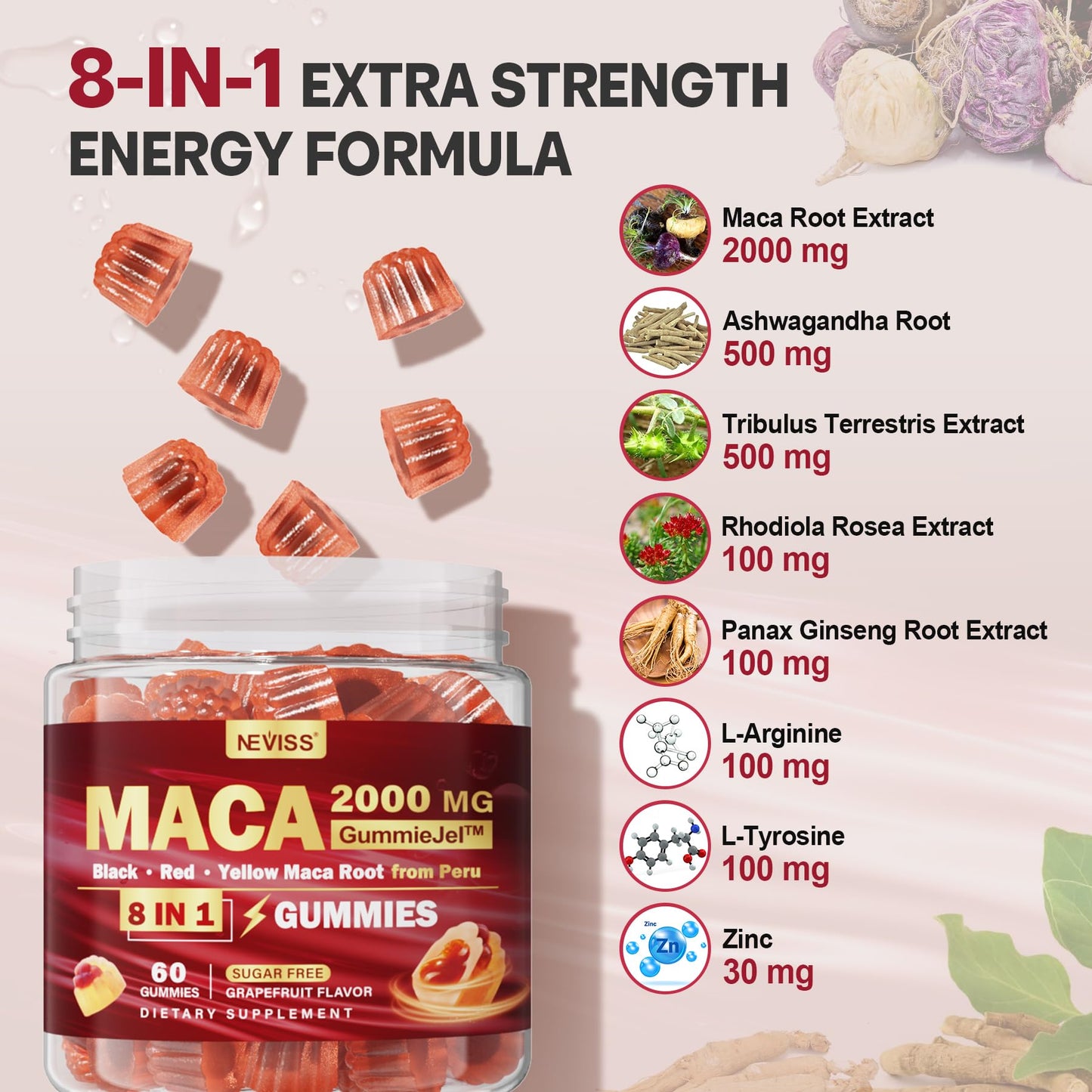 Label detail showing 2000mg Maca root and adaptogen blend