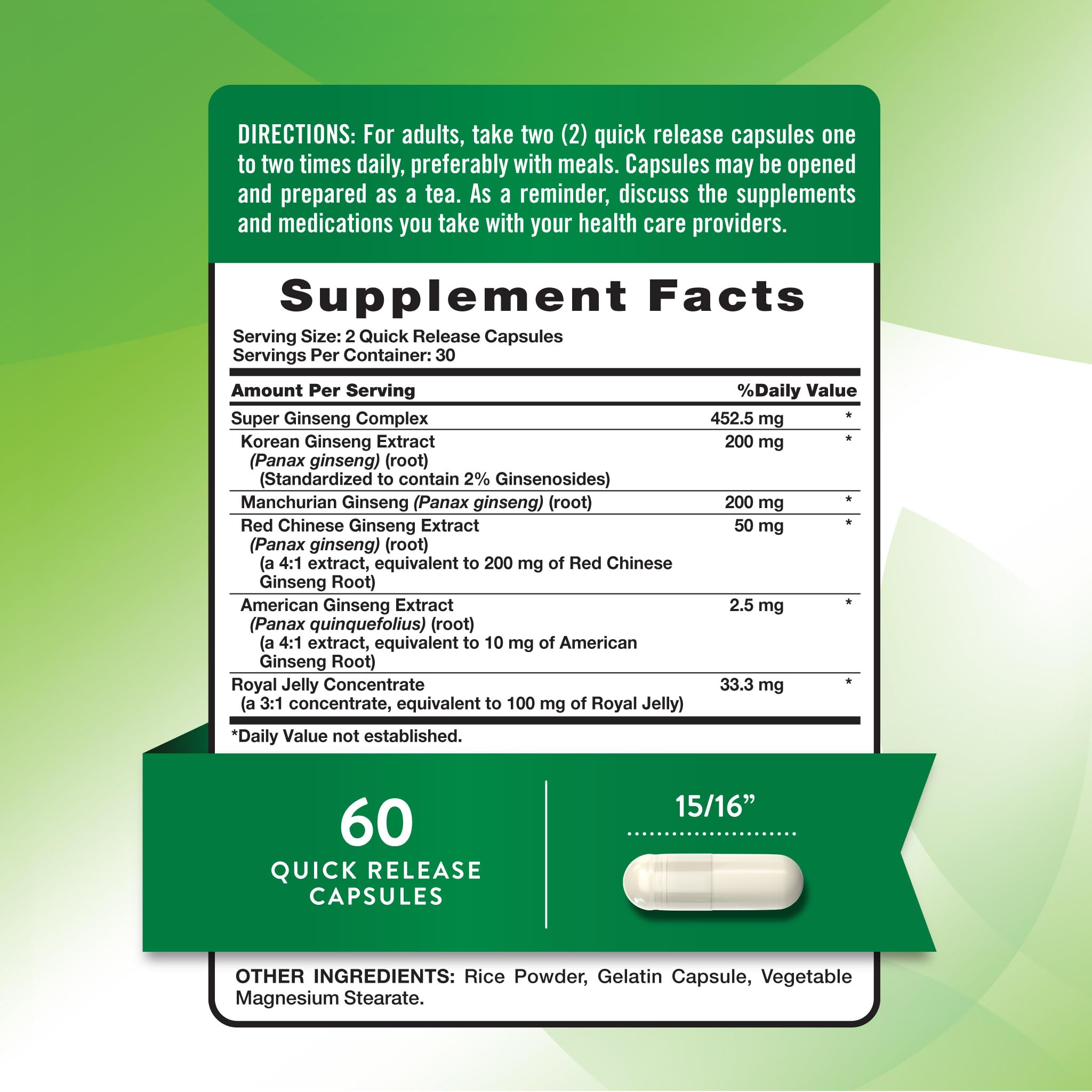 Natures Truth ginseng supplement label showing ingredients