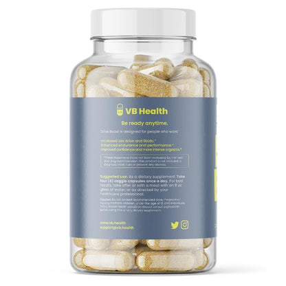 VB Health Drive Boost supplement bottle with clearly visible dosage information