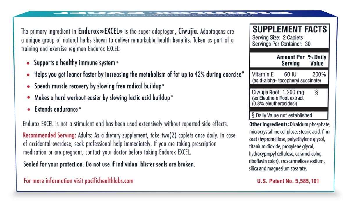 Pacific Health Endurox Excel sports supplement bottle showing nutritional information and directions