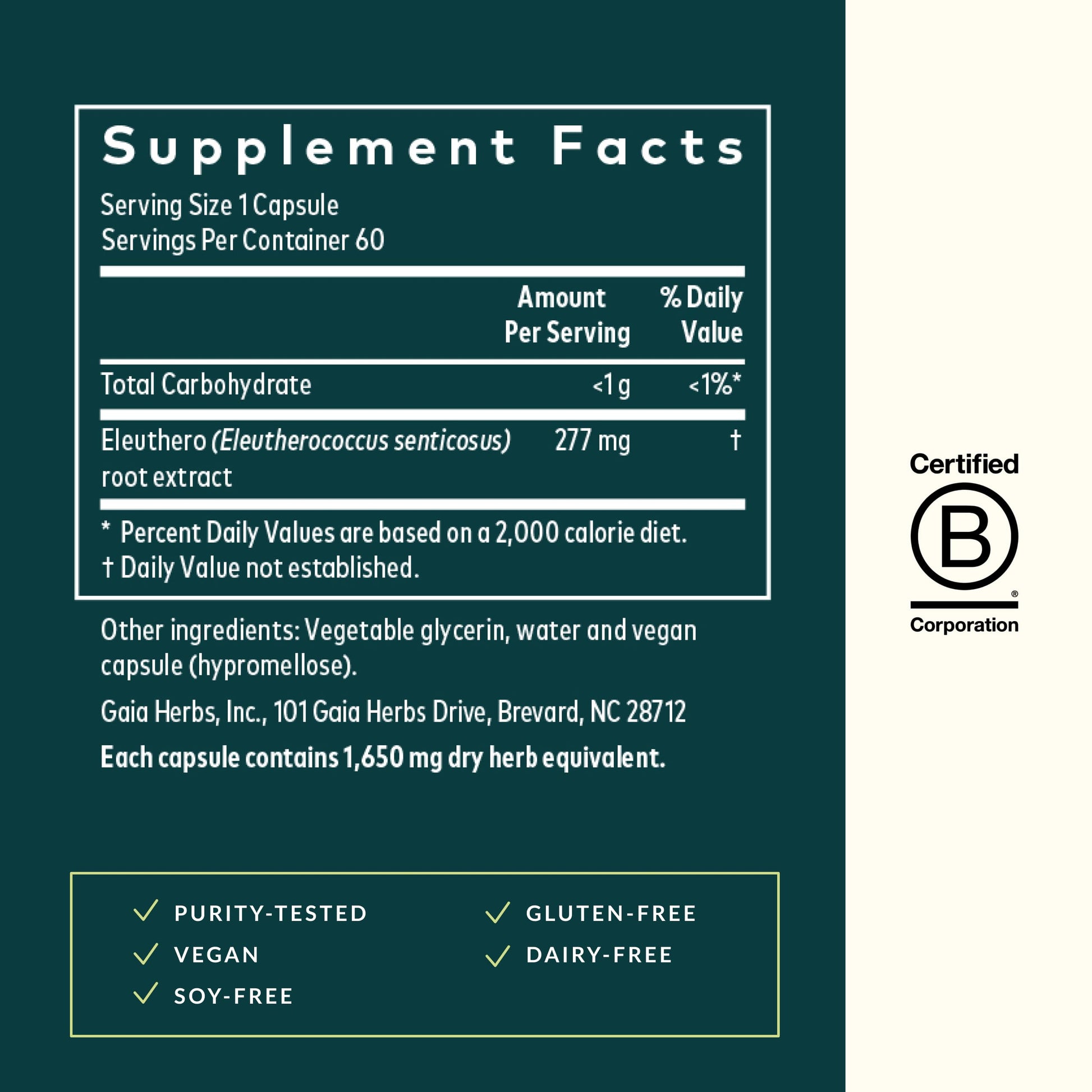Back of Gaia Herbs bottle showing ingredients and supplement facts