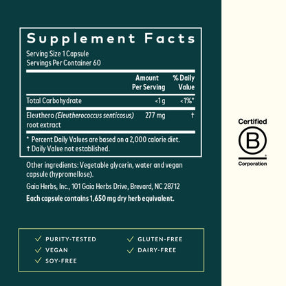 Back of Gaia Herbs bottle showing ingredients and supplement facts