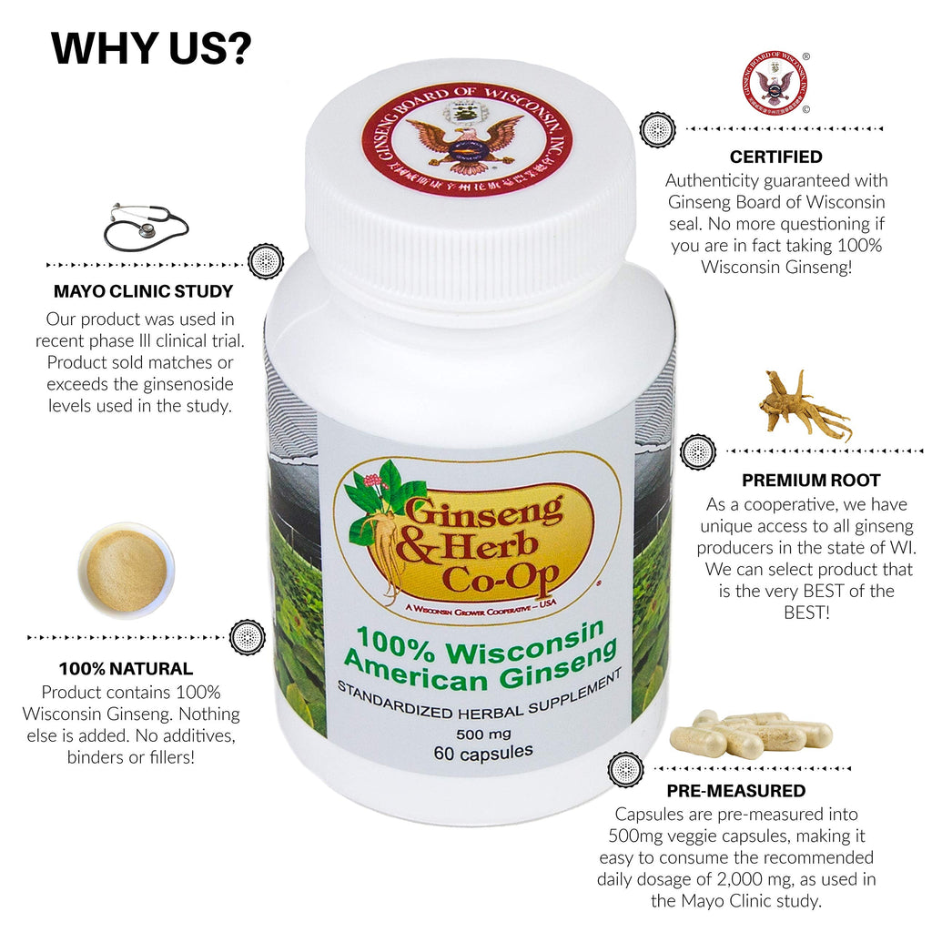 Close up of Wisconsin American Ginseng supplement bottle label