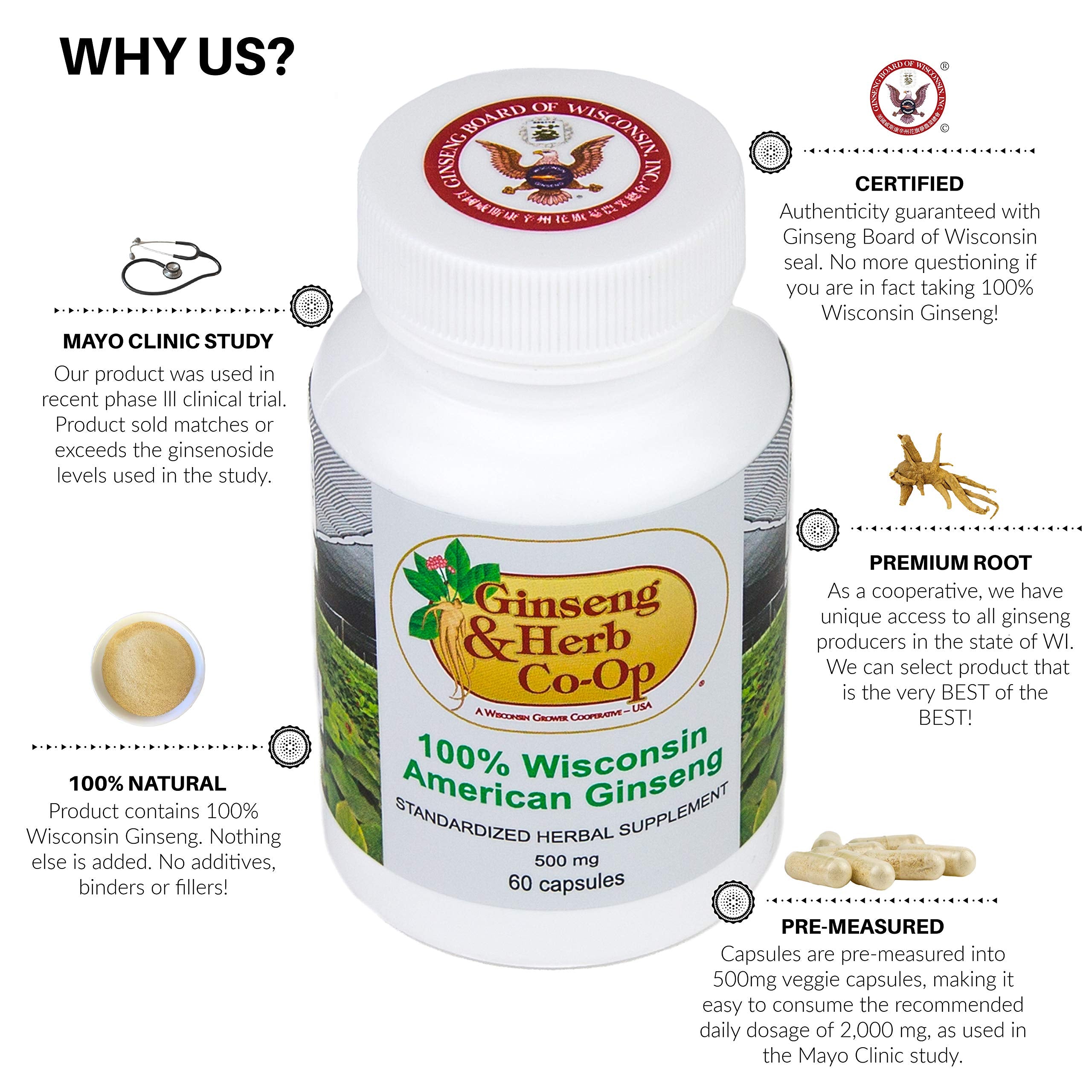 Close up of Wisconsin American Ginseng supplement bottle label