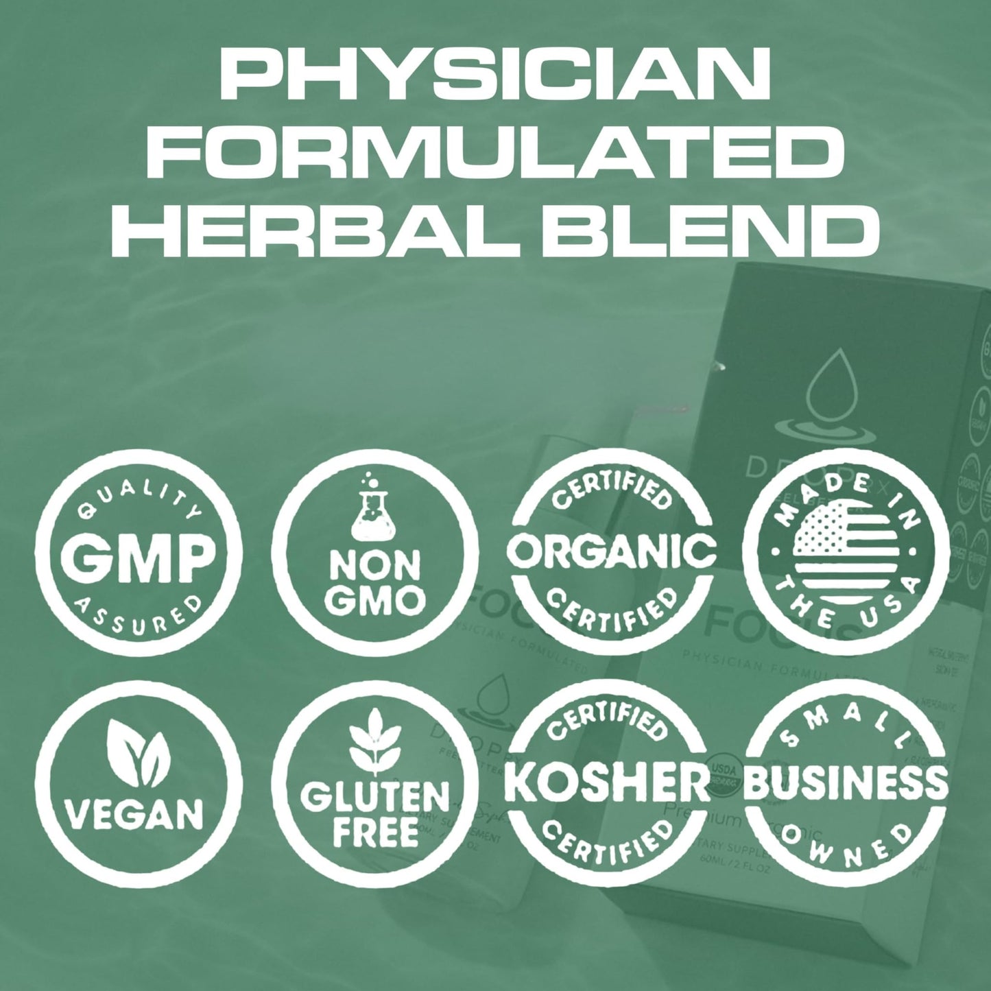 Close up of Drop Rx Focus herbal liquid supplement packaging