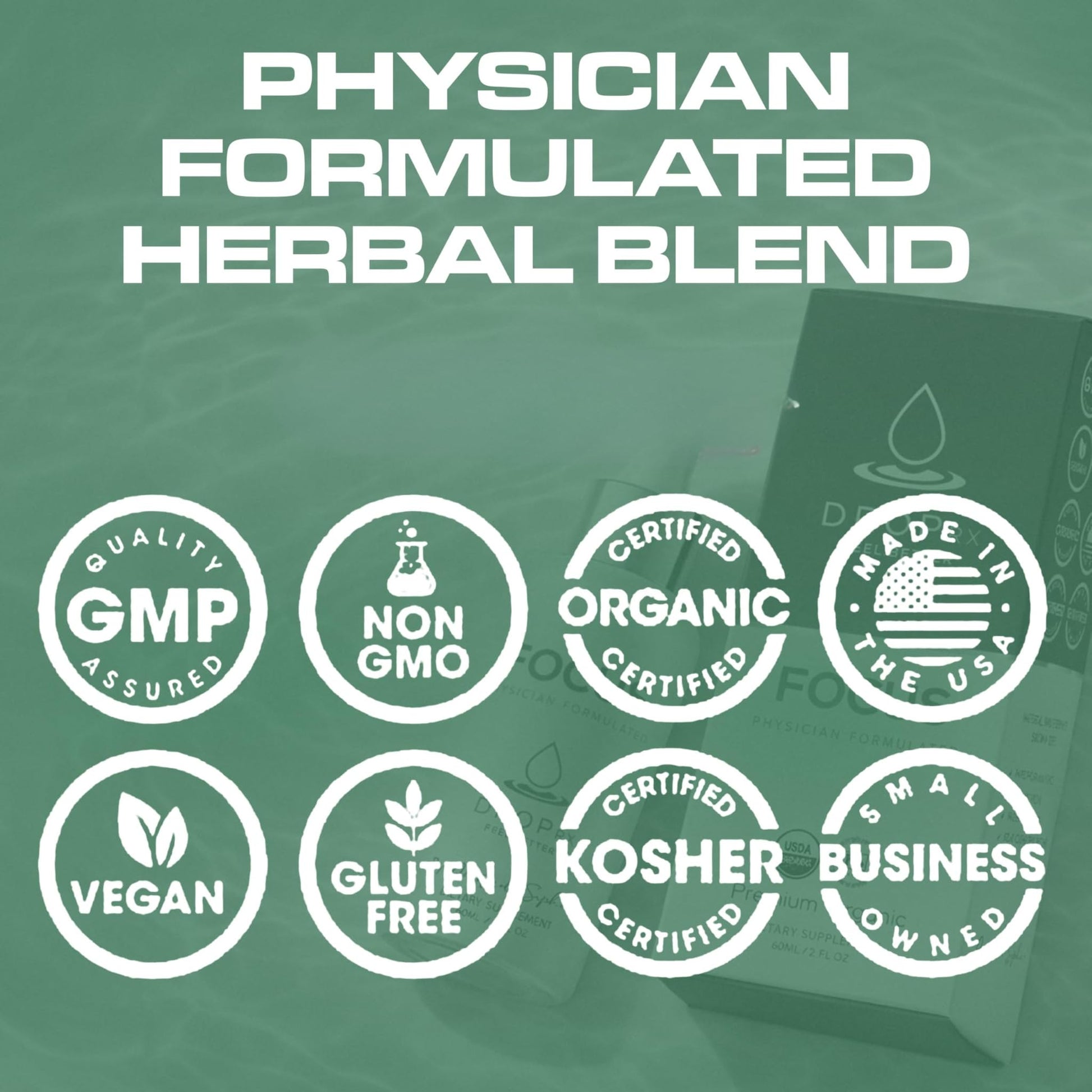 Close up of Drop Rx Focus herbal liquid supplement packaging