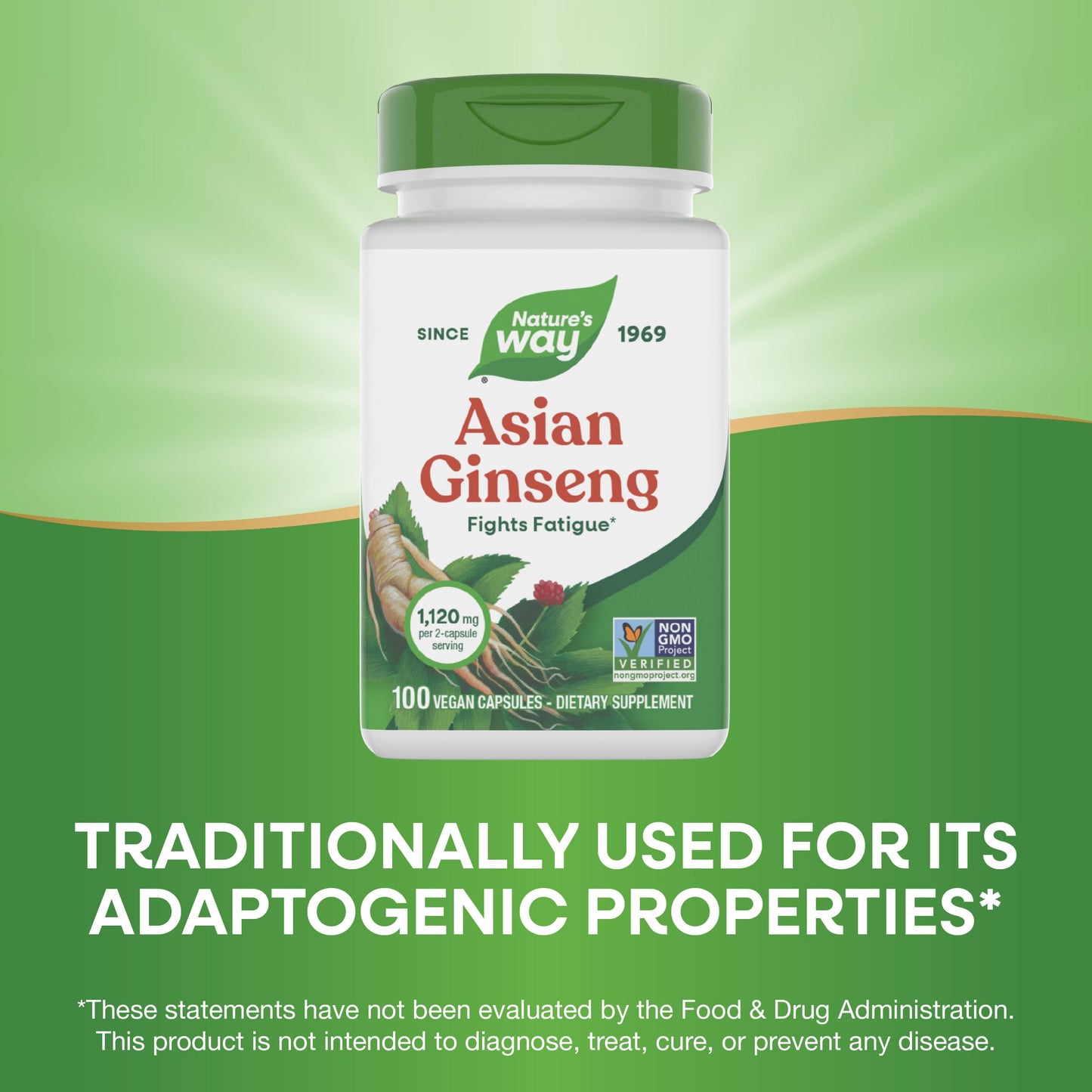 Nature's Way Asian Ginseng capsule bottle side view