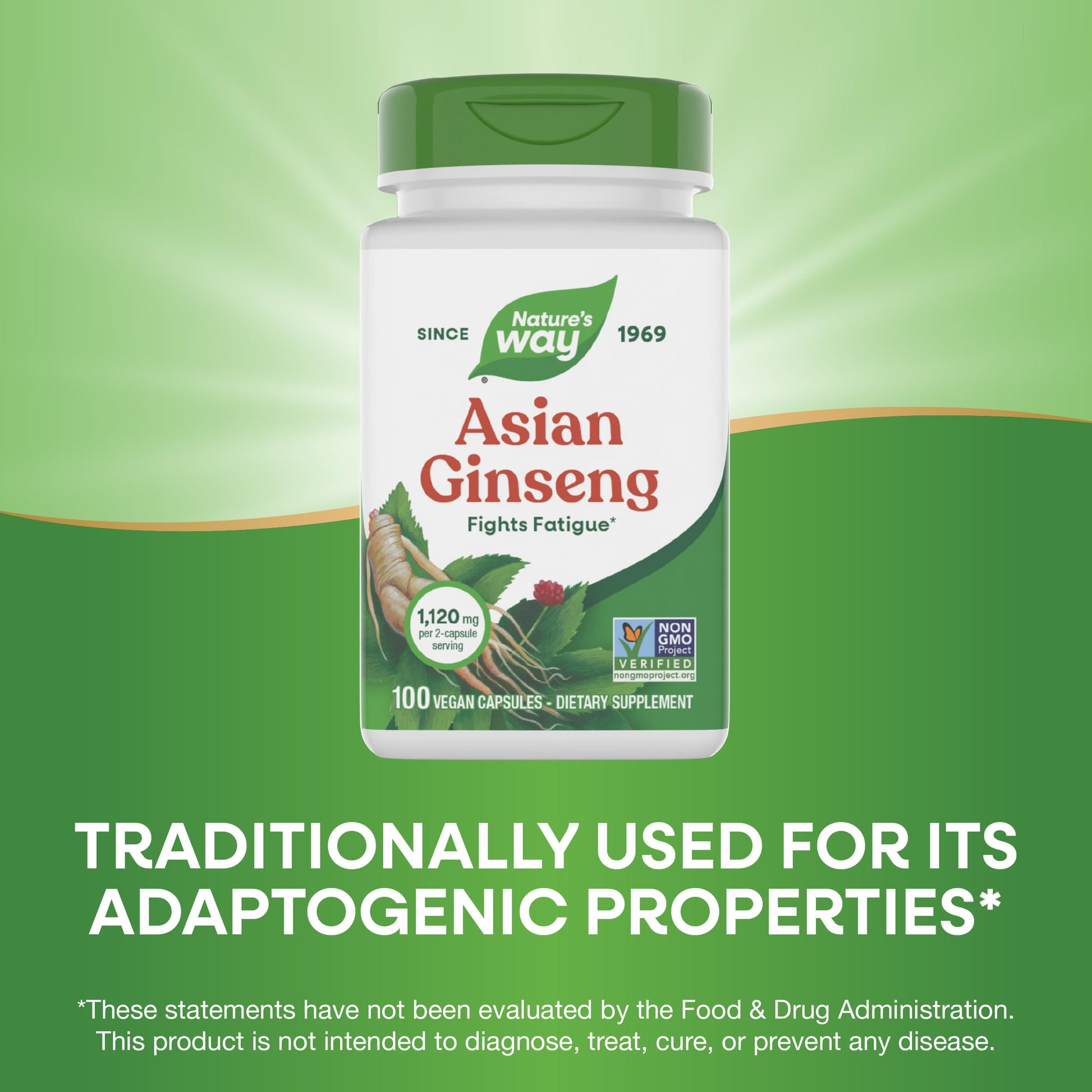 Nature's Way Asian Ginseng capsule bottle side view
