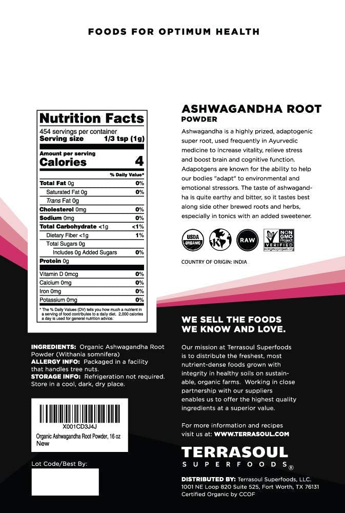 Authentic USA imported ashwagandha root powder packaging details