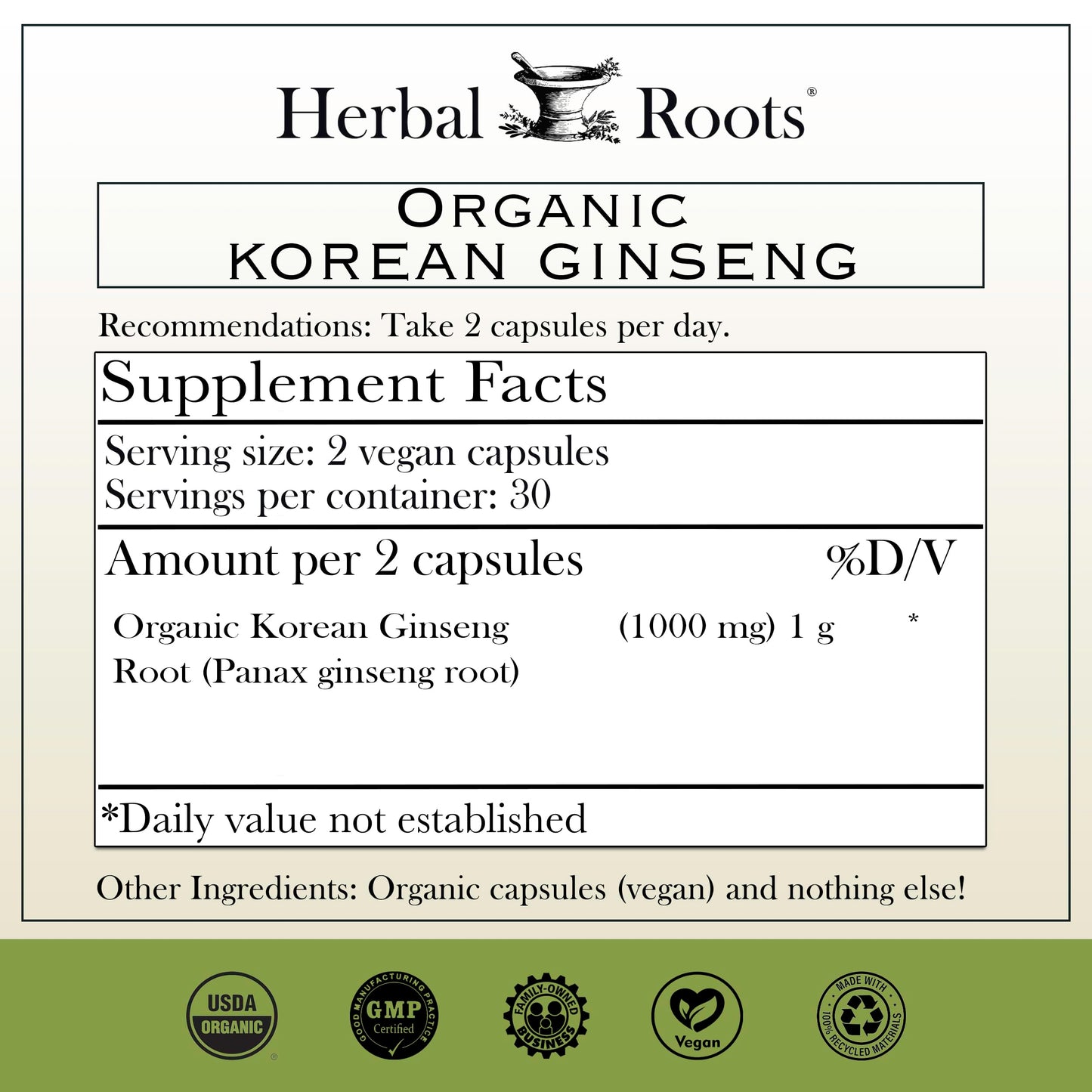Herbal Roots Panax Ginseng 60 vegan capsules bottle