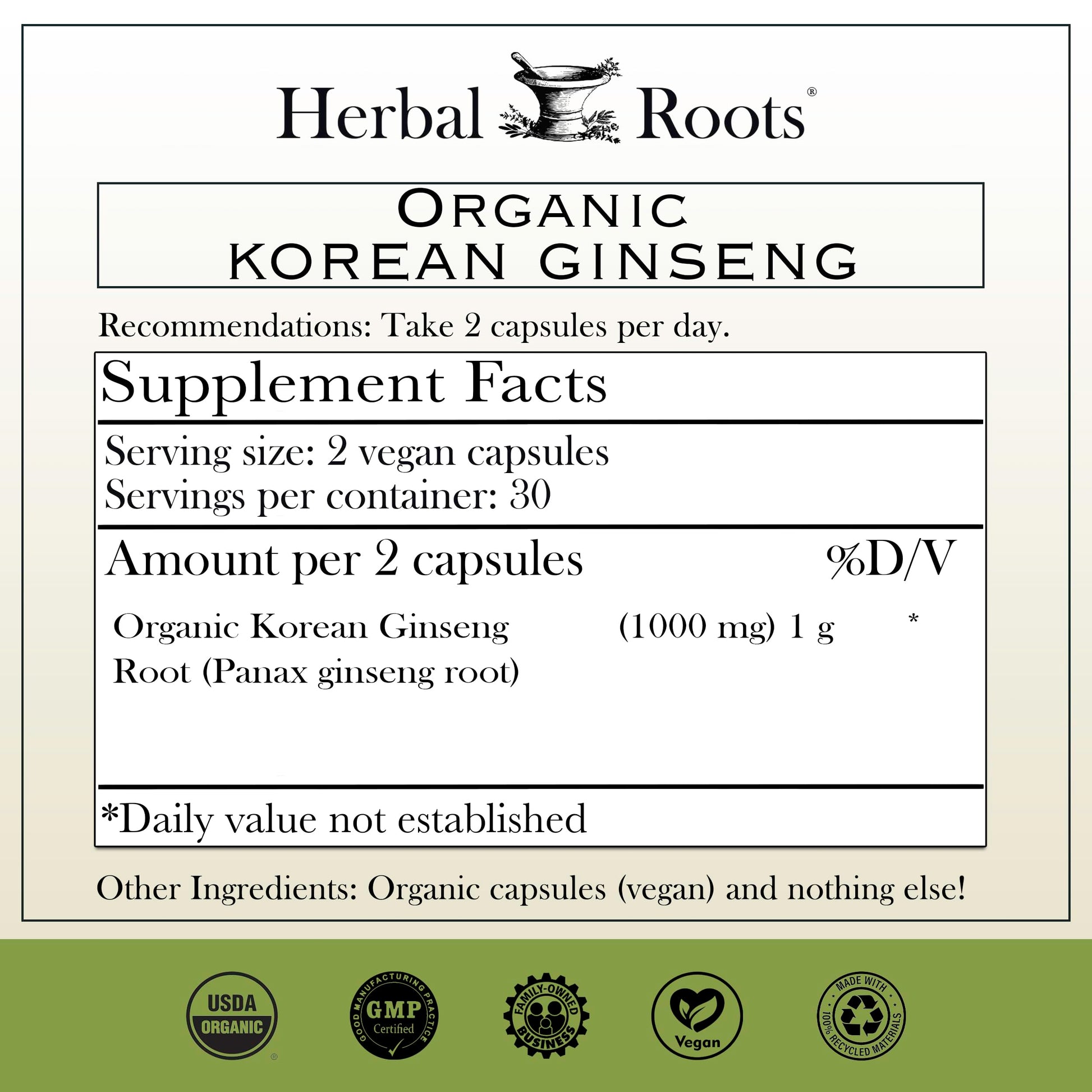Herbal Roots Panax Ginseng 60 vegan capsules bottle