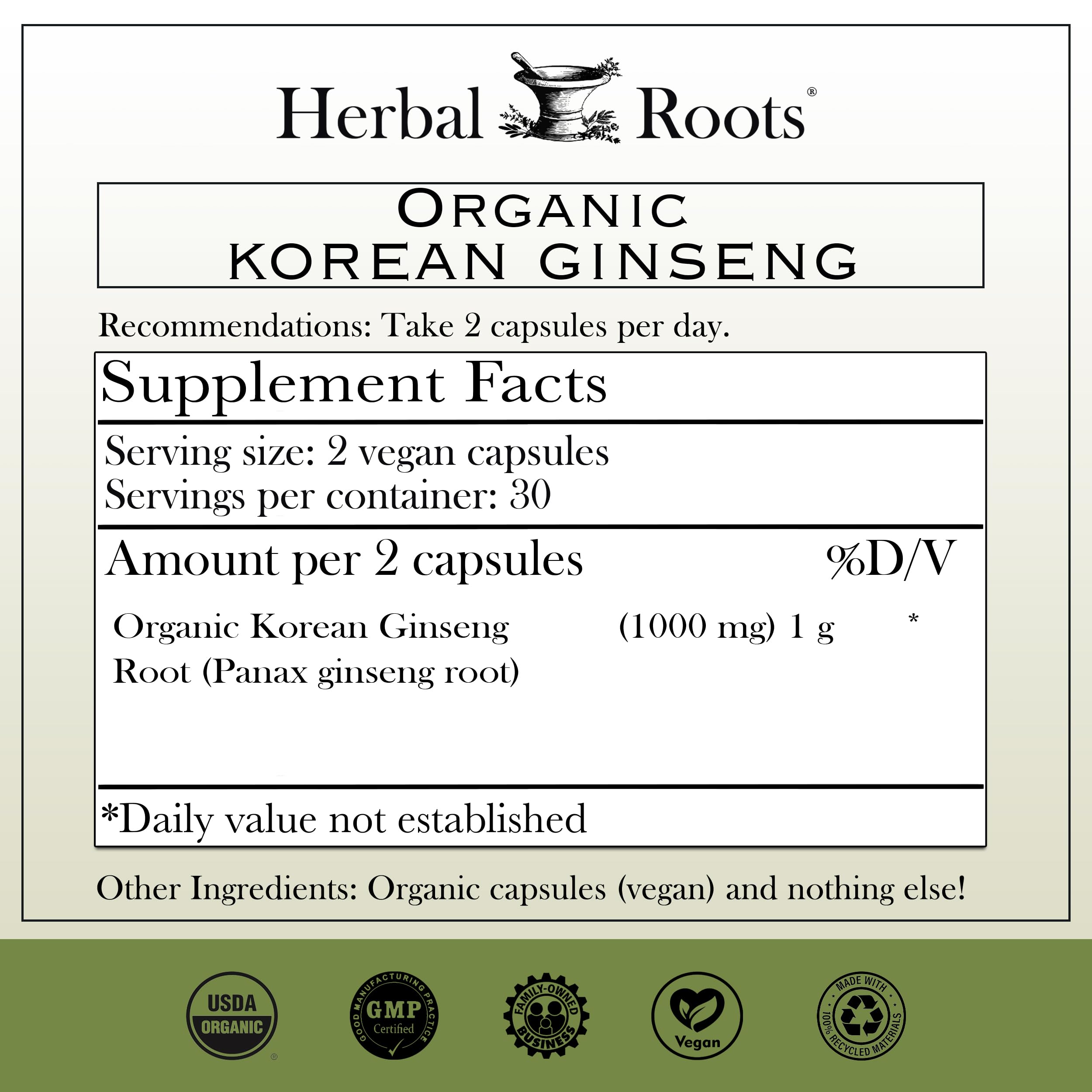 Herbal Roots Panax Ginseng 60 vegan capsules bottle