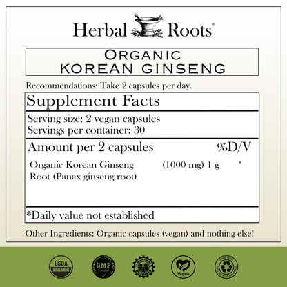Herbal Roots Panax Ginseng 60 vegan capsules bottle