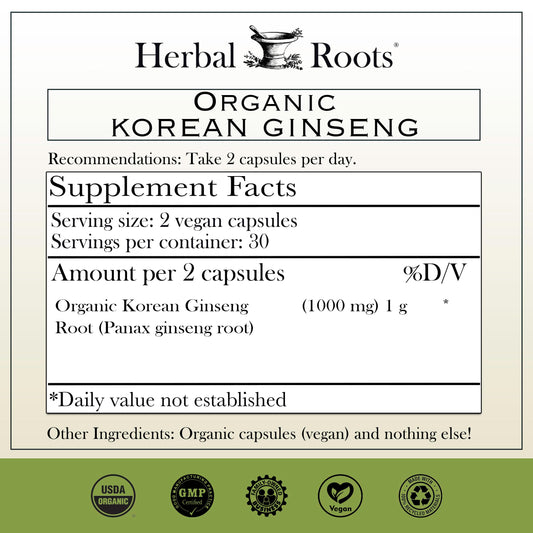 Herbal Roots Panax Ginseng 60 vegan capsules bottle