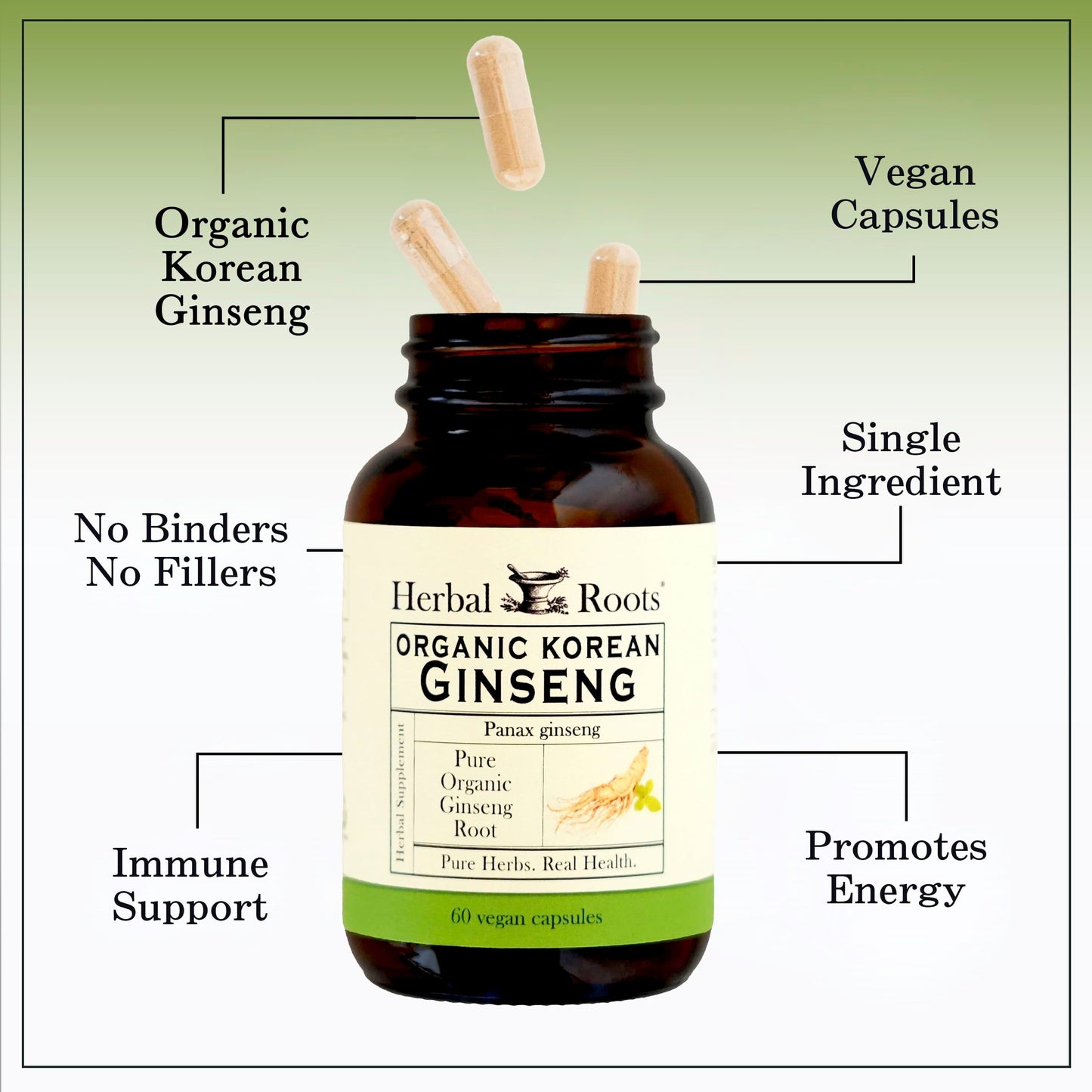 Herbal Roots ginseng supplement bottle side view