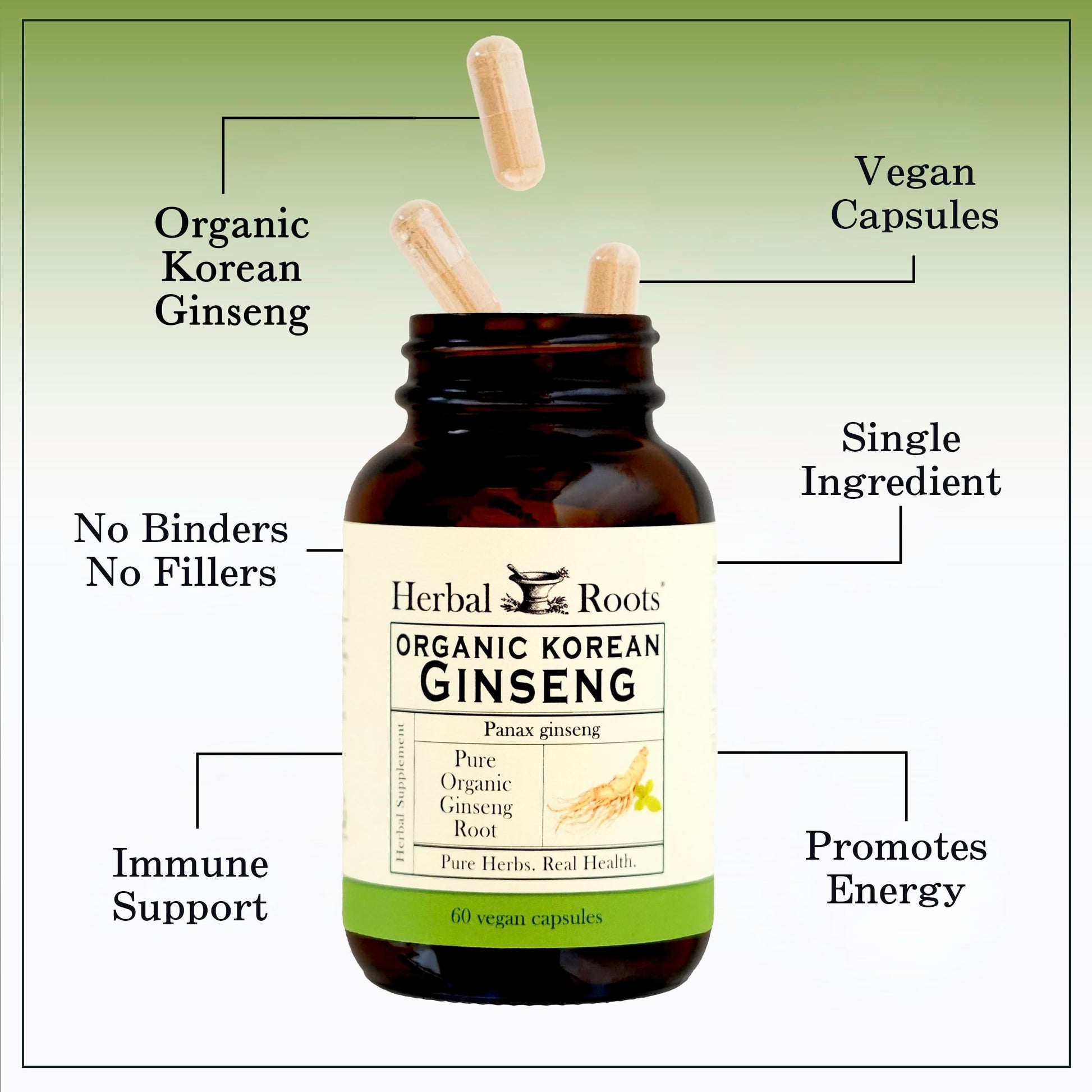 Herbal Roots ginseng supplement bottle side view