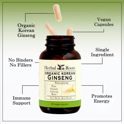 Herbal Roots ginseng supplement bottle side view