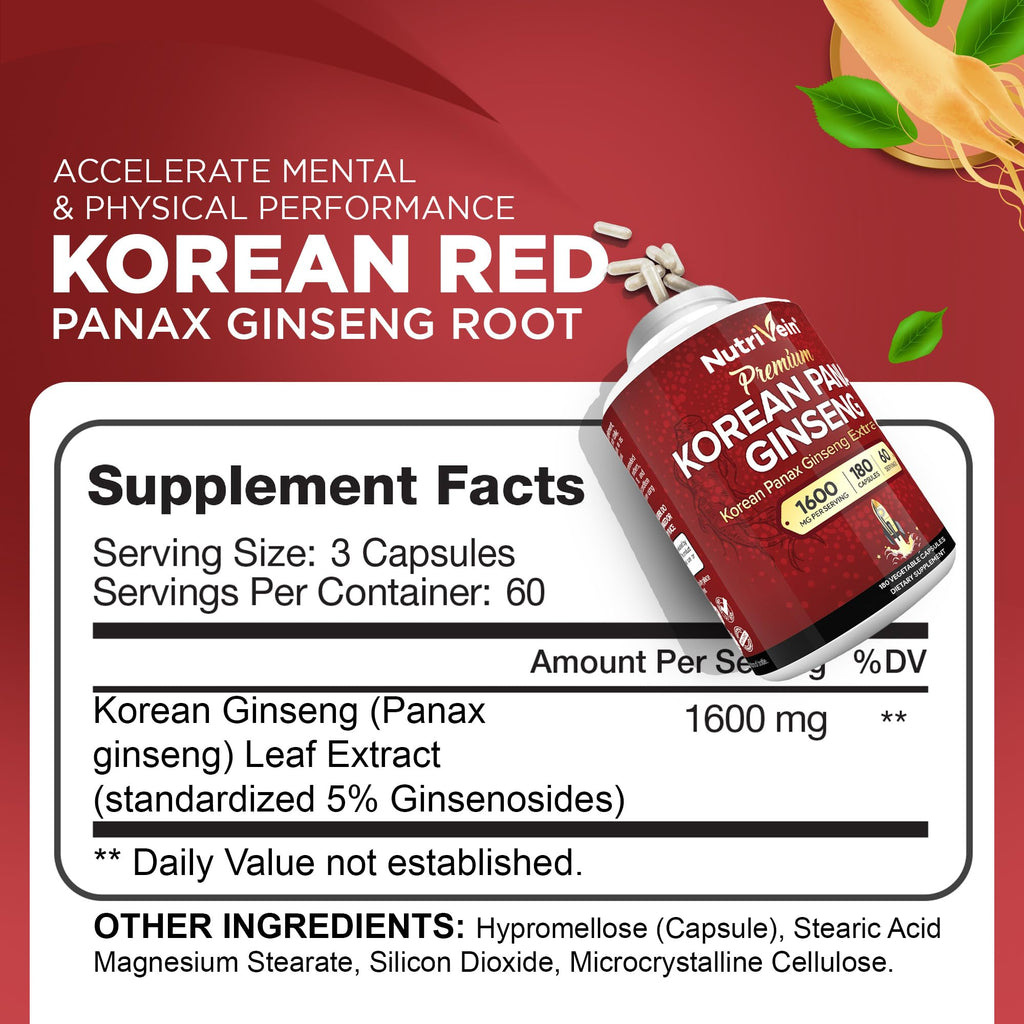 Nutrivein Korean Red Panax Ginseng 180 capsules supplement facts label