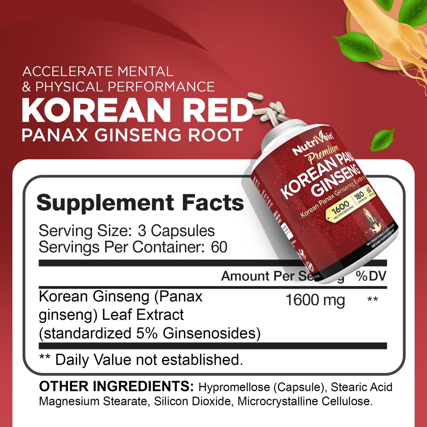 Nutrivein Korean Red Panax Ginseng 180 capsules supplement facts label