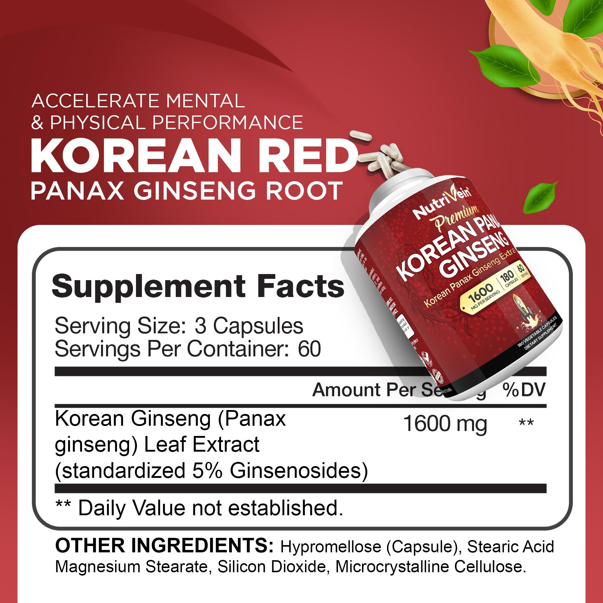 Nutrivein Korean Red Panax Ginseng 180 capsules supplement facts label