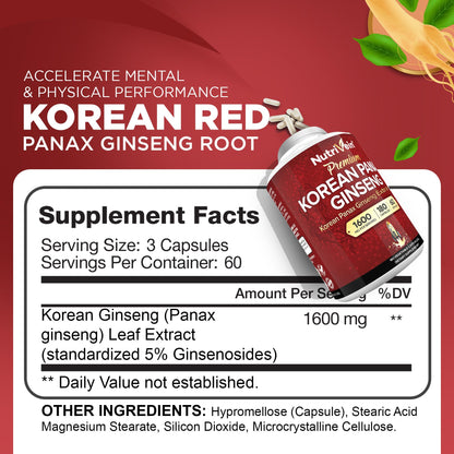Nutrivein Korean Red Panax Ginseng 180 capsules supplement facts label