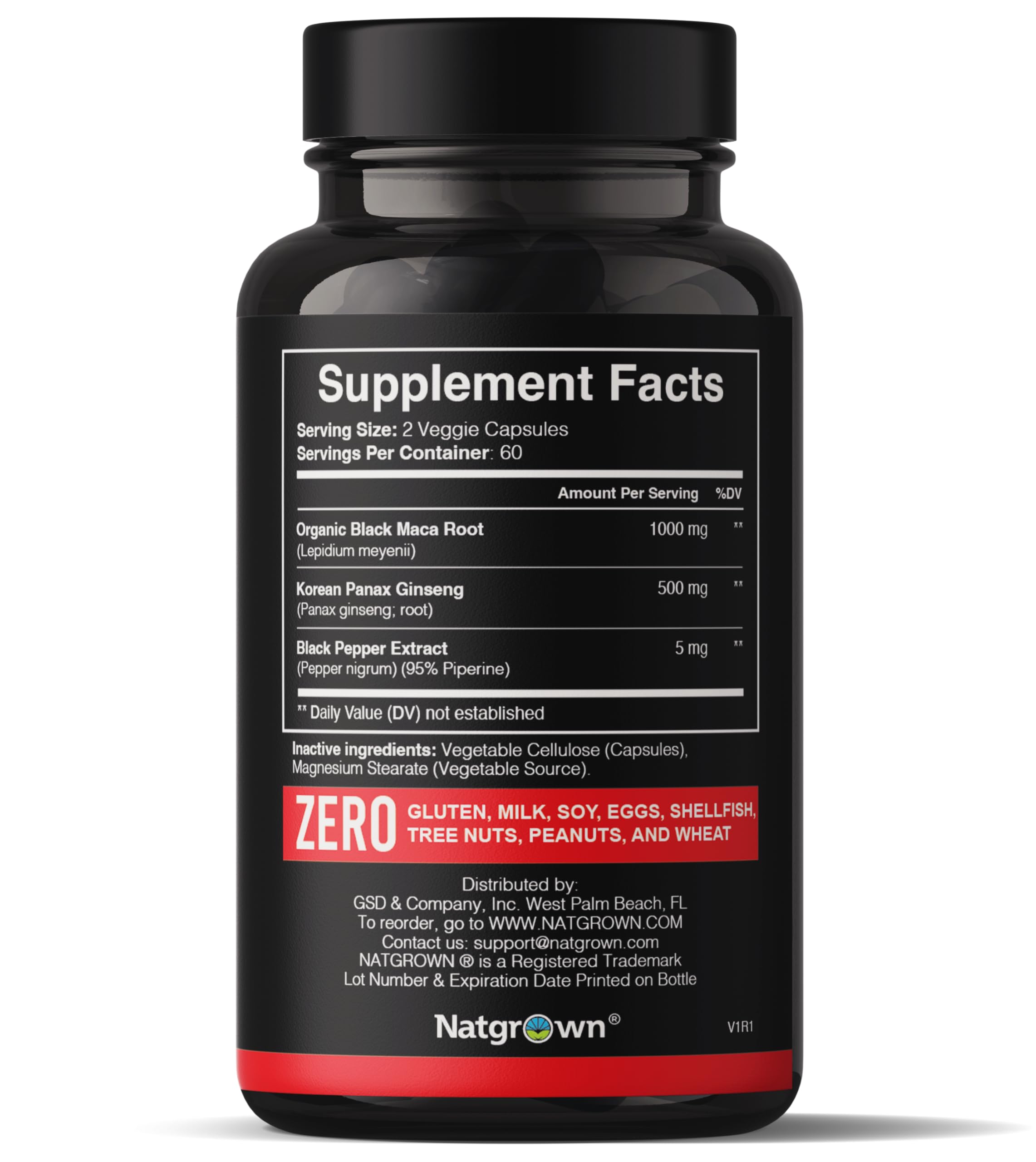 Natgrown Black Maca Root and Panax Ginseng capsule supplement label