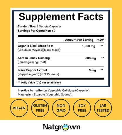 Natgrown Black Maca Root and Panax Ginseng vegetable capsules