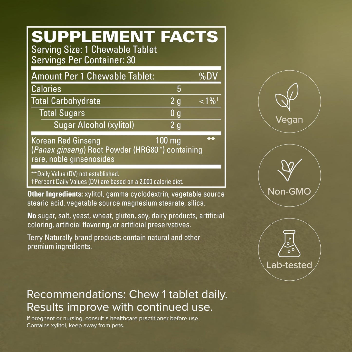 Terry Naturally red ginseng energy supplement facts panel