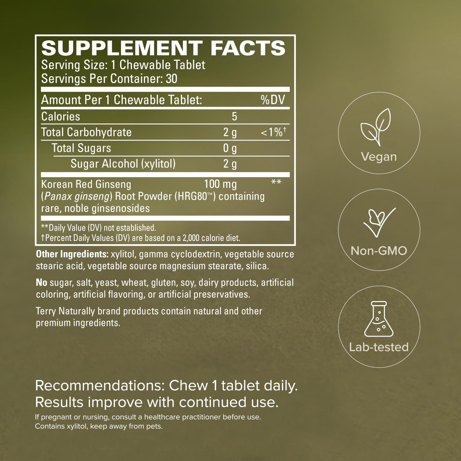 Terry Naturally red ginseng energy supplement facts panel