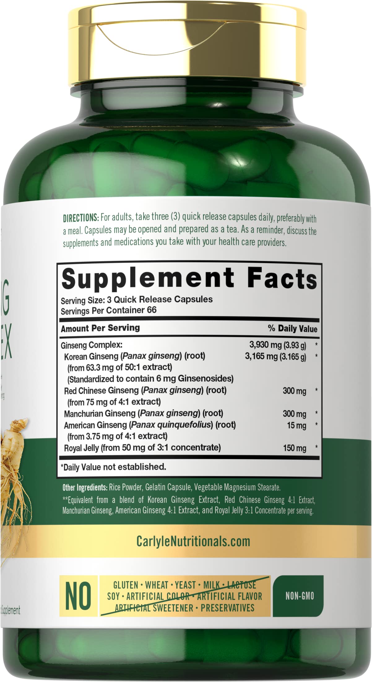 Carlyle Ginseng Complex 200 capsules supplement label details