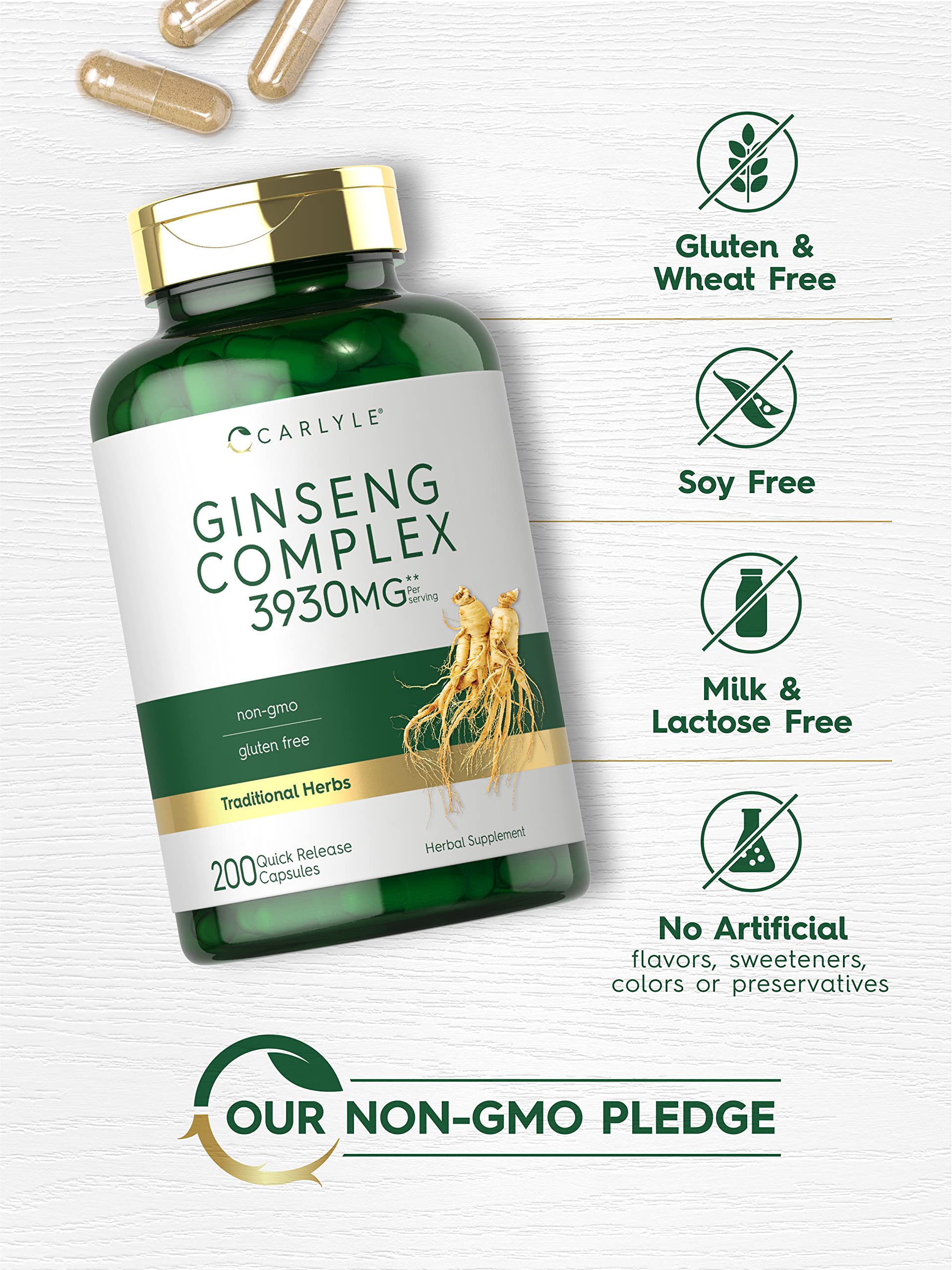 Close up of Carlyle Ginseng Complex quick release capsules